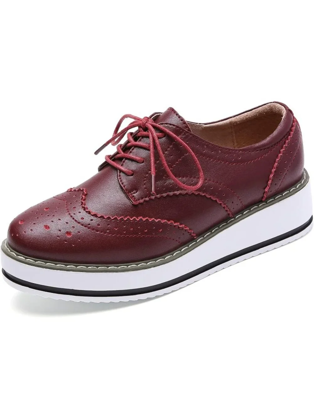 Women's Red Round Toe Lace Up Leather Oxford Shoes Wingtip White Platform